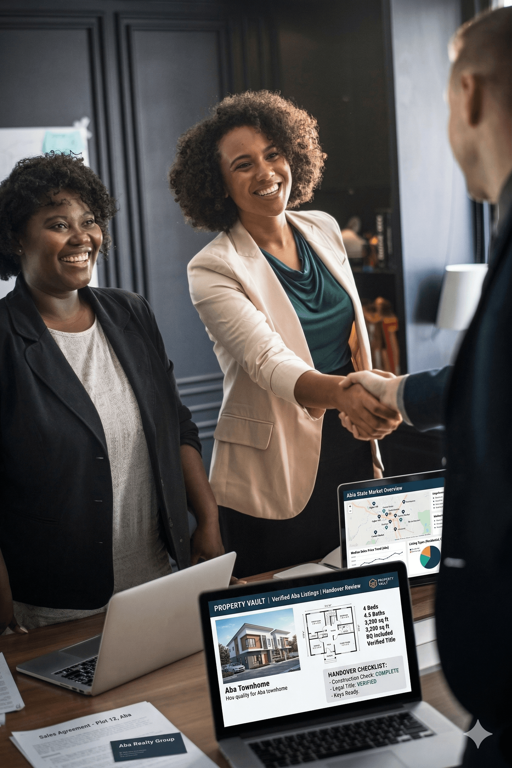 Two women shaking hands in a real estate meeting